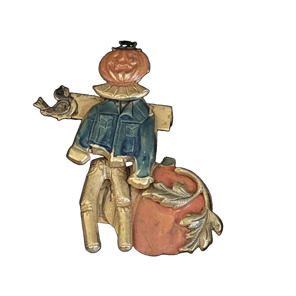 Vintage HALLOWEEN Jack O Lantern Scarecrow Brooch Pin With Pumpkin & Crow Enamel